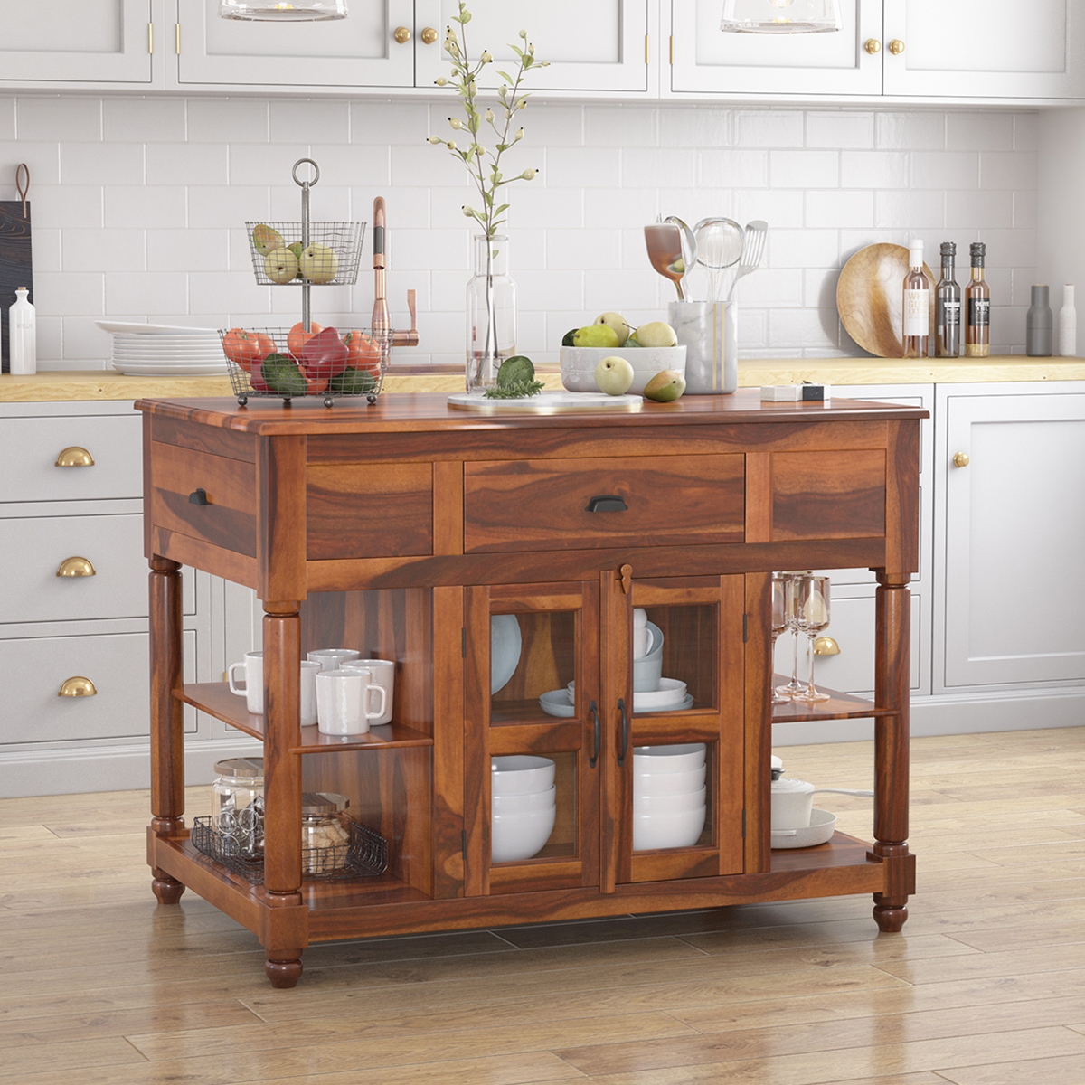 Lincoln Solid Wood Small Kitchen Island Table with open shelves