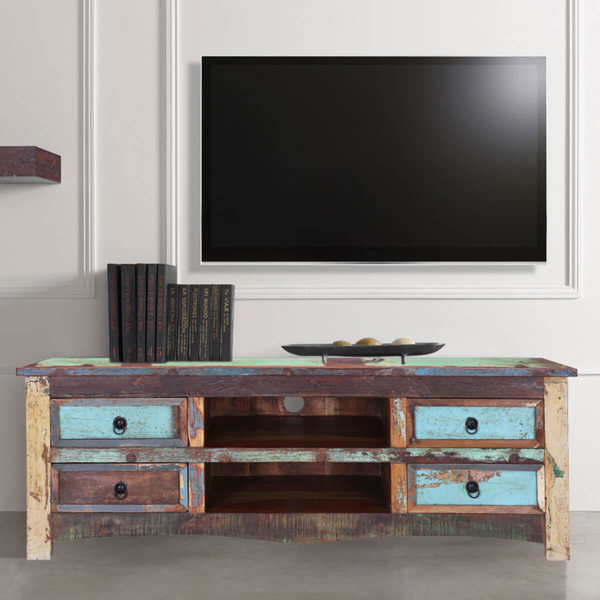 Appalachia Reclaimed Wood Open Shelf 4 Drawer TV Media Console