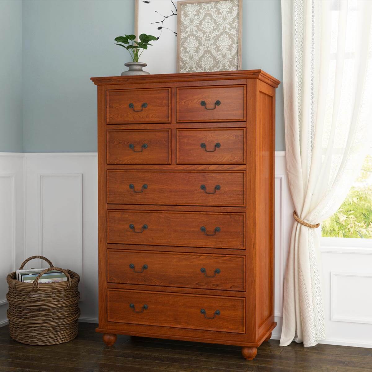 Delanson Solid Mahogany Wood Tall Bedroom Dresser With 8 Drawers