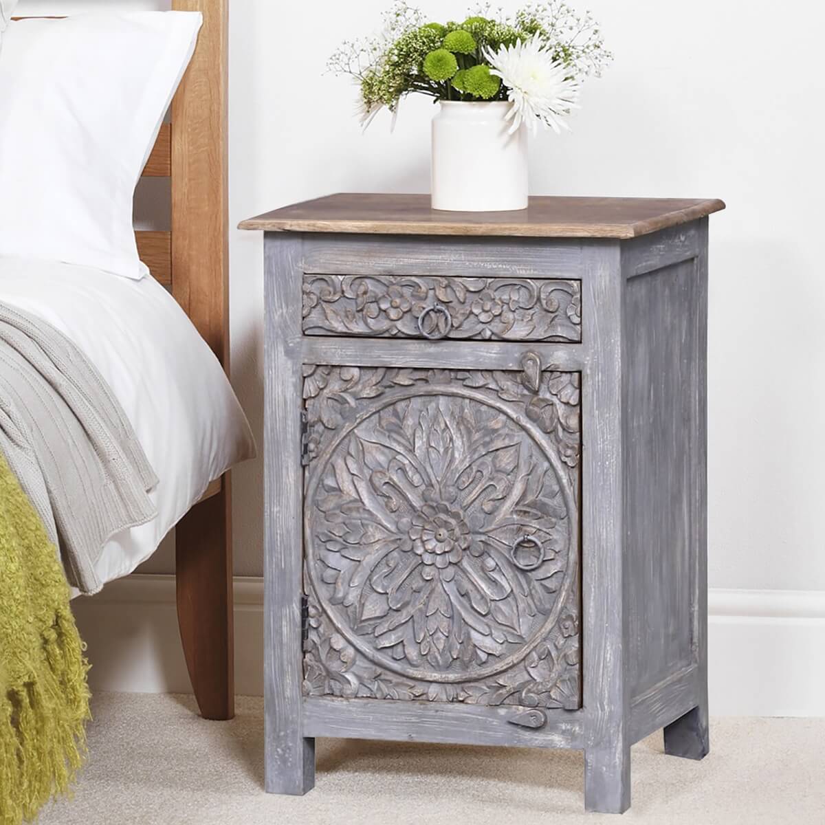 Hereford Reclaimed Wood Handcarved 1 Drawer Nightstand