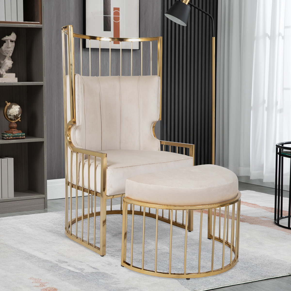 Solvang Stainless Steel Gold Finish Accent Chair With Ottoman