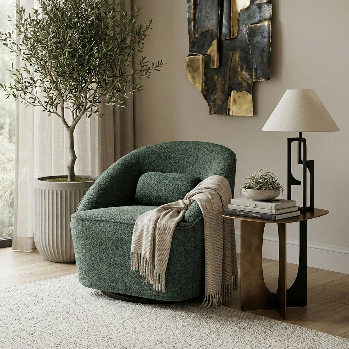 Marieville Modern Boucle Dark Green Swivel Accent Armchair